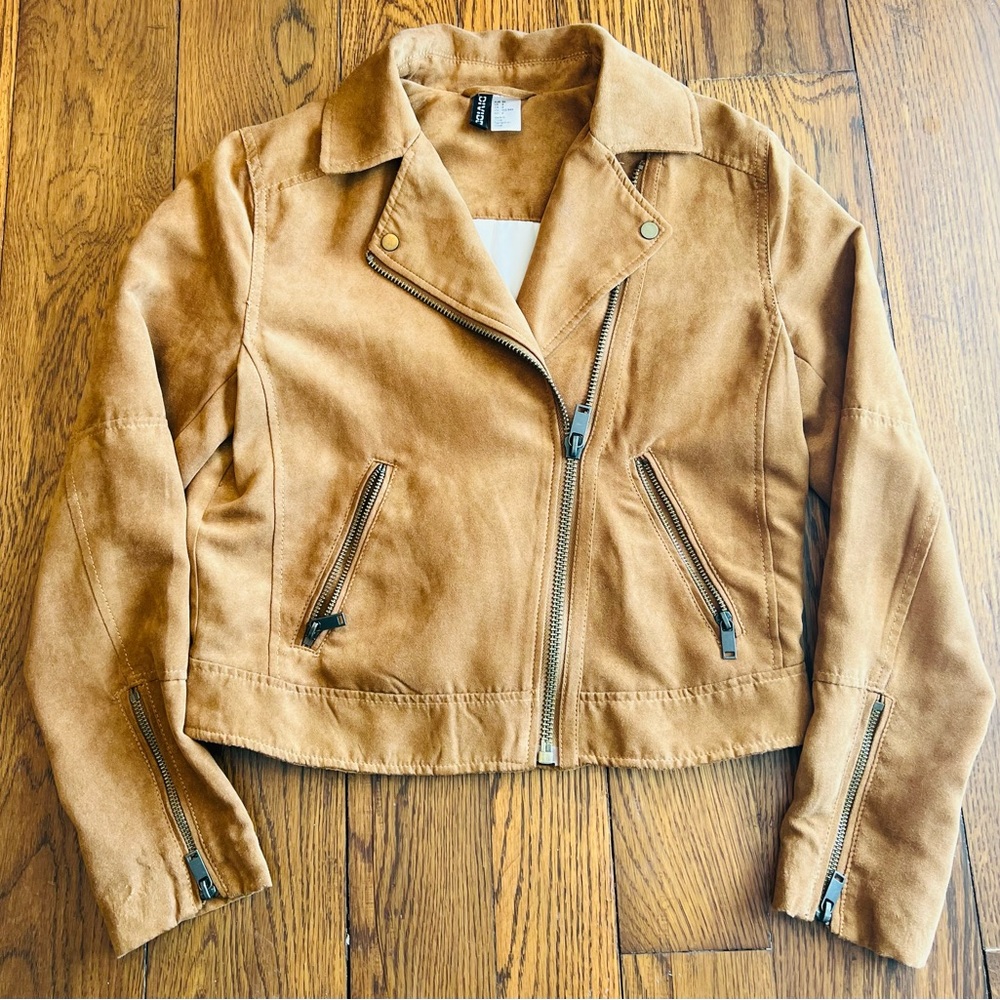 H&M Women’s Tan Faux Suede Biker Moto Jacket Sz 6